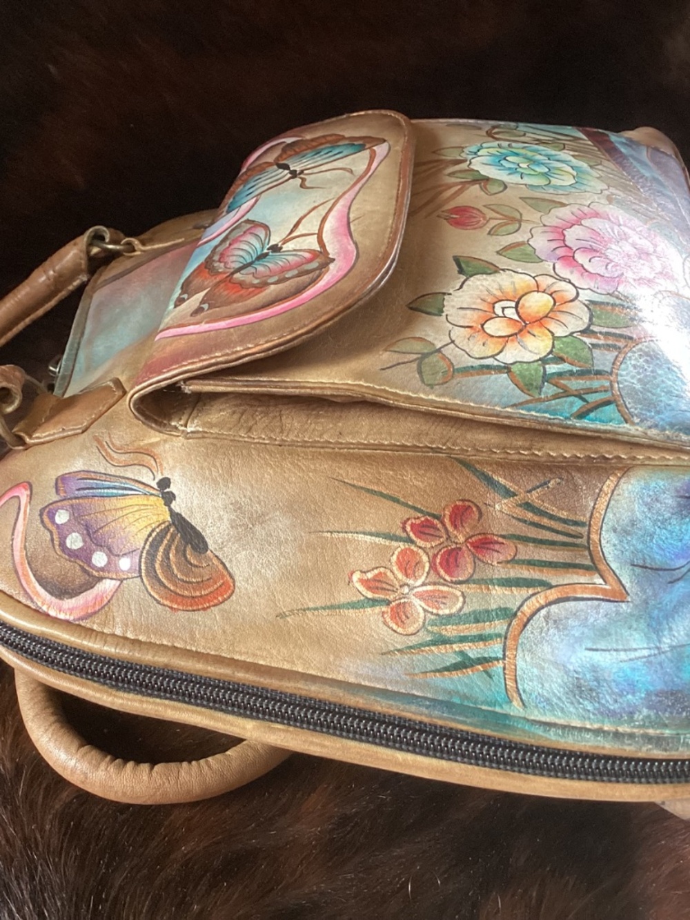 Beautiful Anuschka Butterfly Flower Design Leather Top Handle Carry Handbag🦋🦋 - Picture 7 of 13